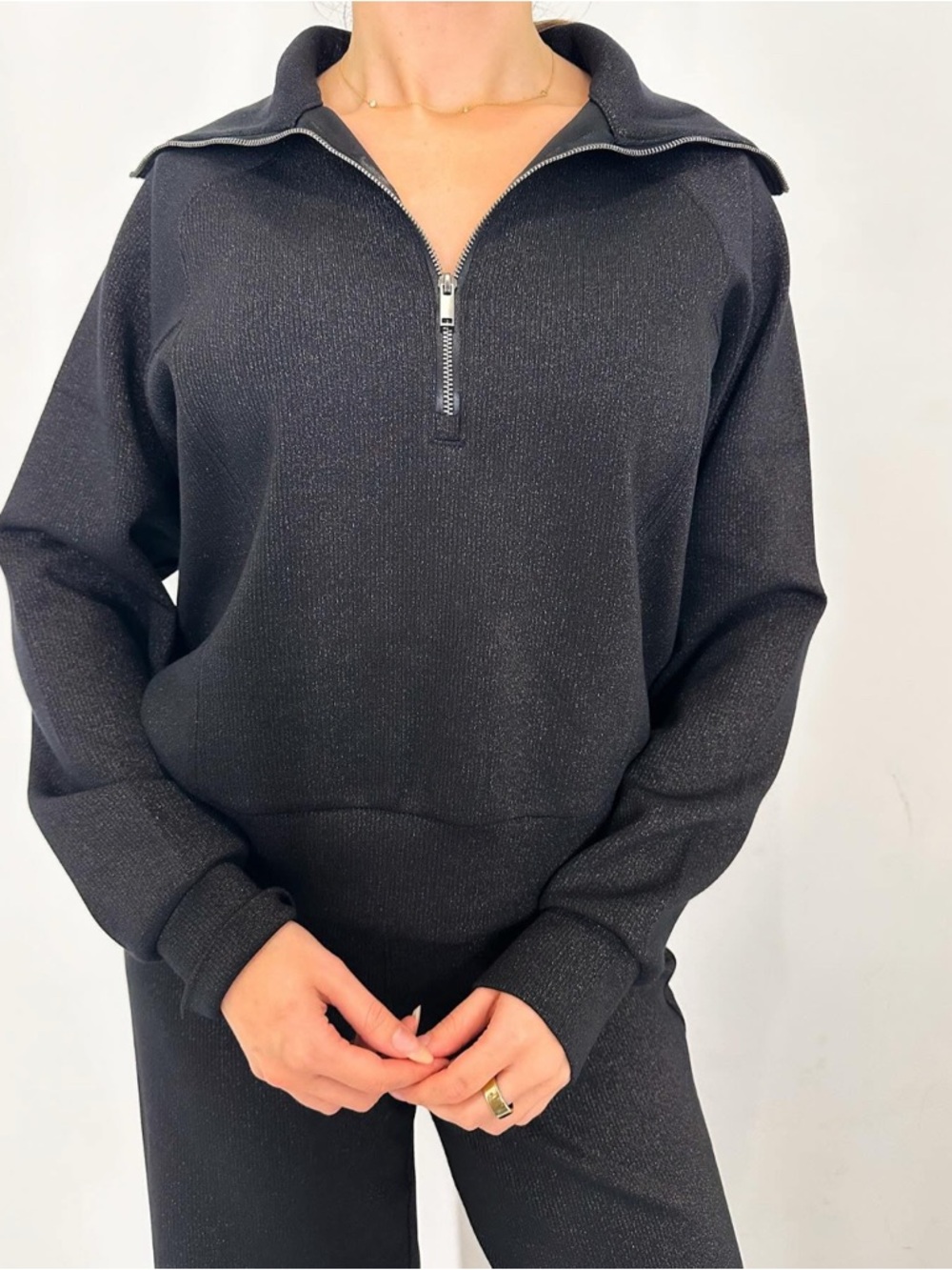 SPANX AirEssentials Shine Shimmer Half Zip Sweatshirt Medium Black Limited Ed